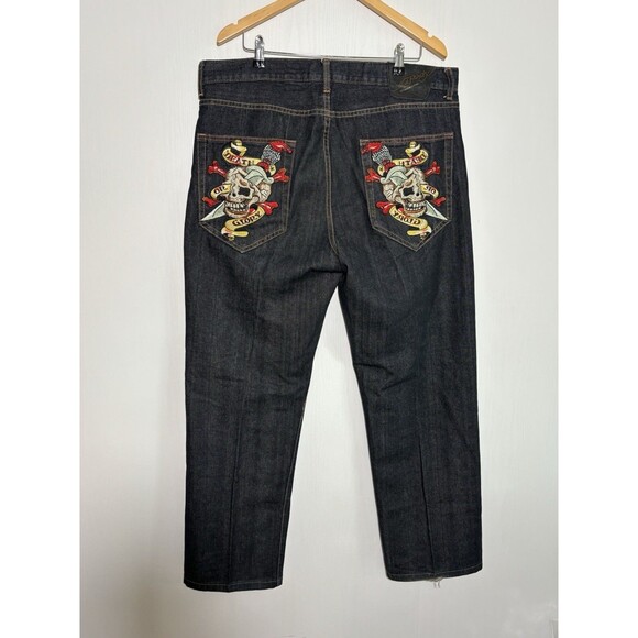 Ed Hardy Jeans Men 38 Death Or Glory Skull Embroidery Y2K Vintage Baggy Straight - Picture 9 of 15